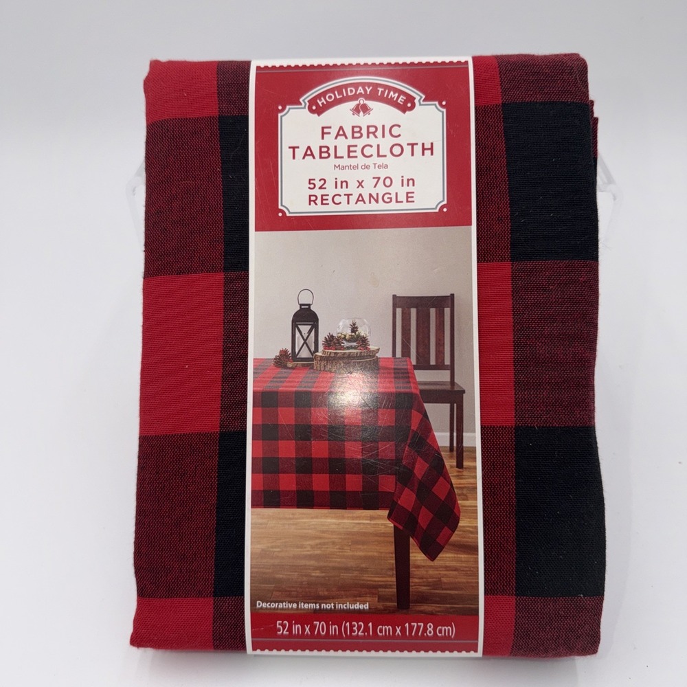 Holiday Time Fabric Tablecloth 52 in x 70 in Rectangle Red Black Plaid